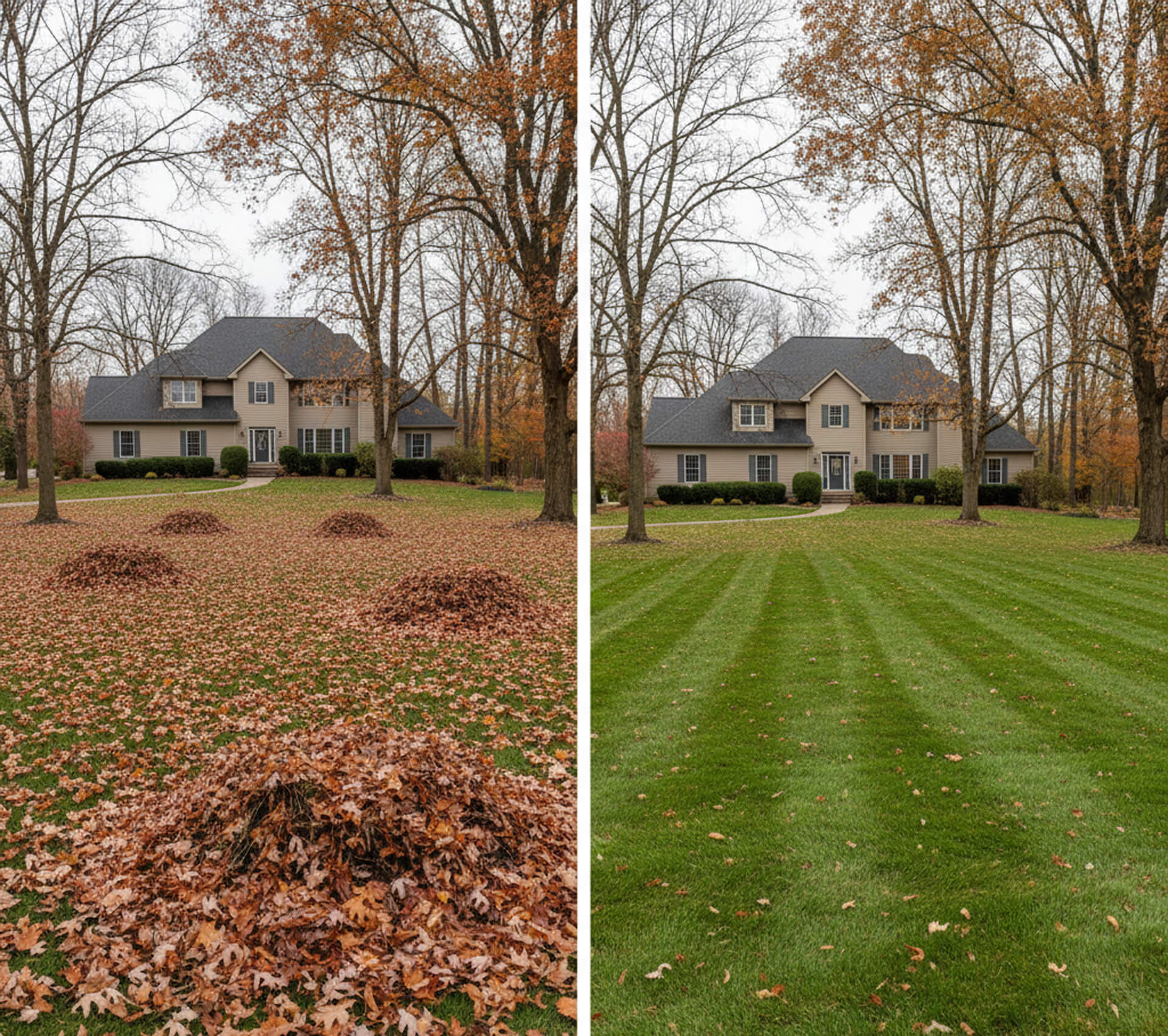 Before and after leaf cleanup on a Rochester front lawn